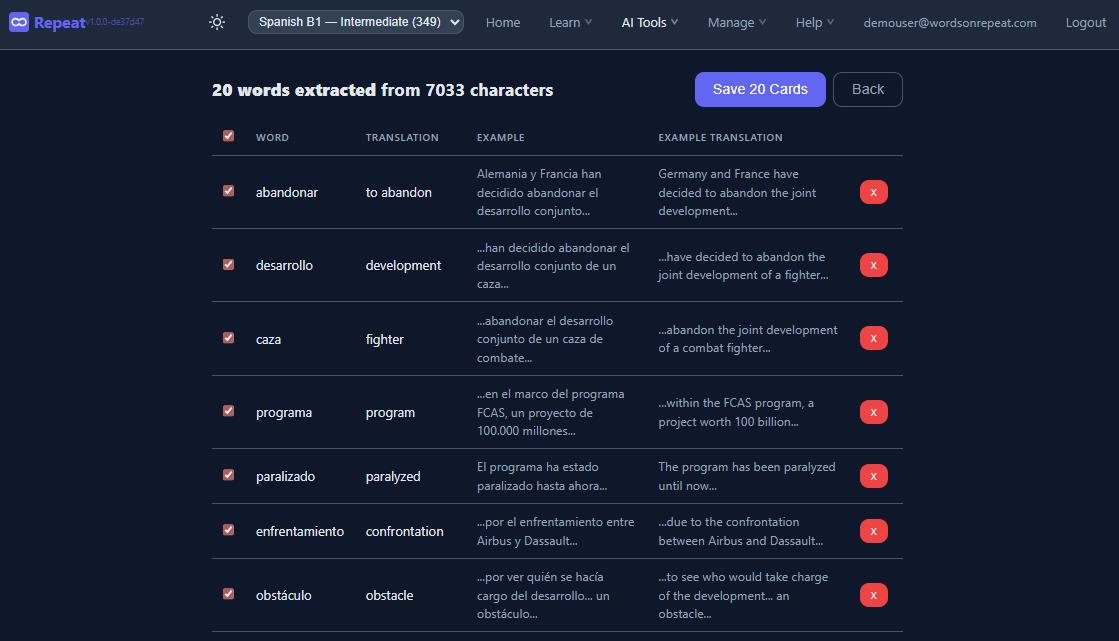Preview extracted words before saving - each card includes the original sentence from the article