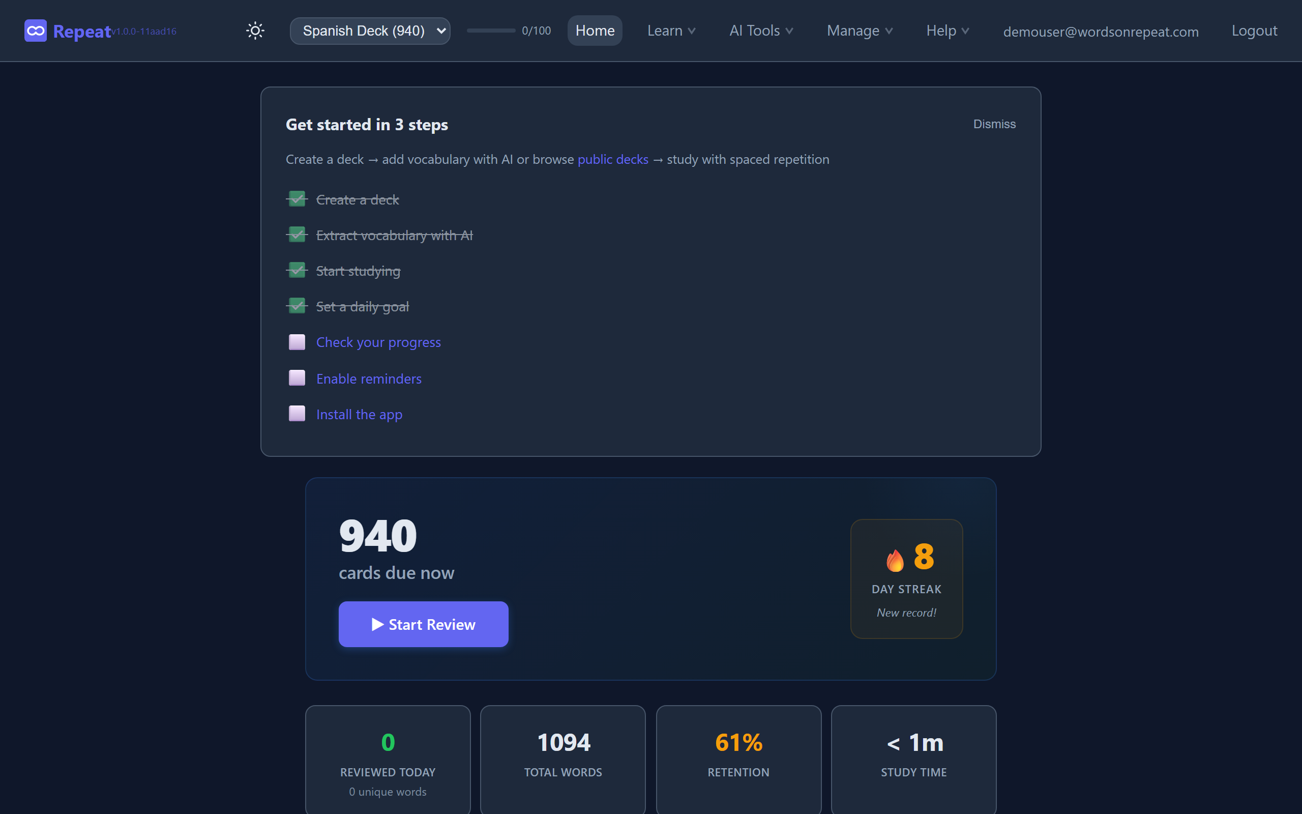 The dashboard - your study streak, daily review count, retention rate, and a heatmap of activity over time.