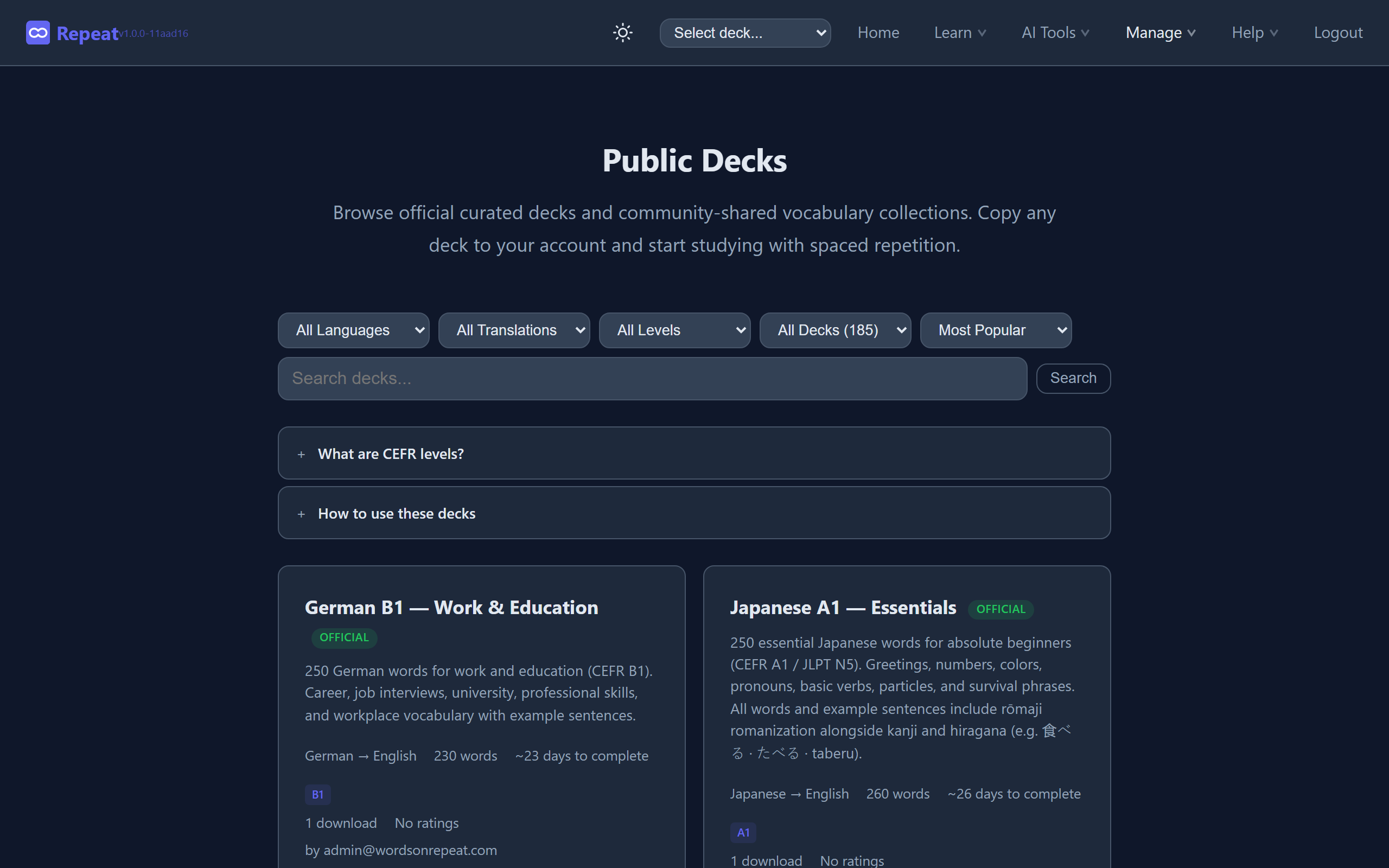 The curated deck library - browse 200+ decks across 10 languages, filtered by CEFR level (A1 through C2).