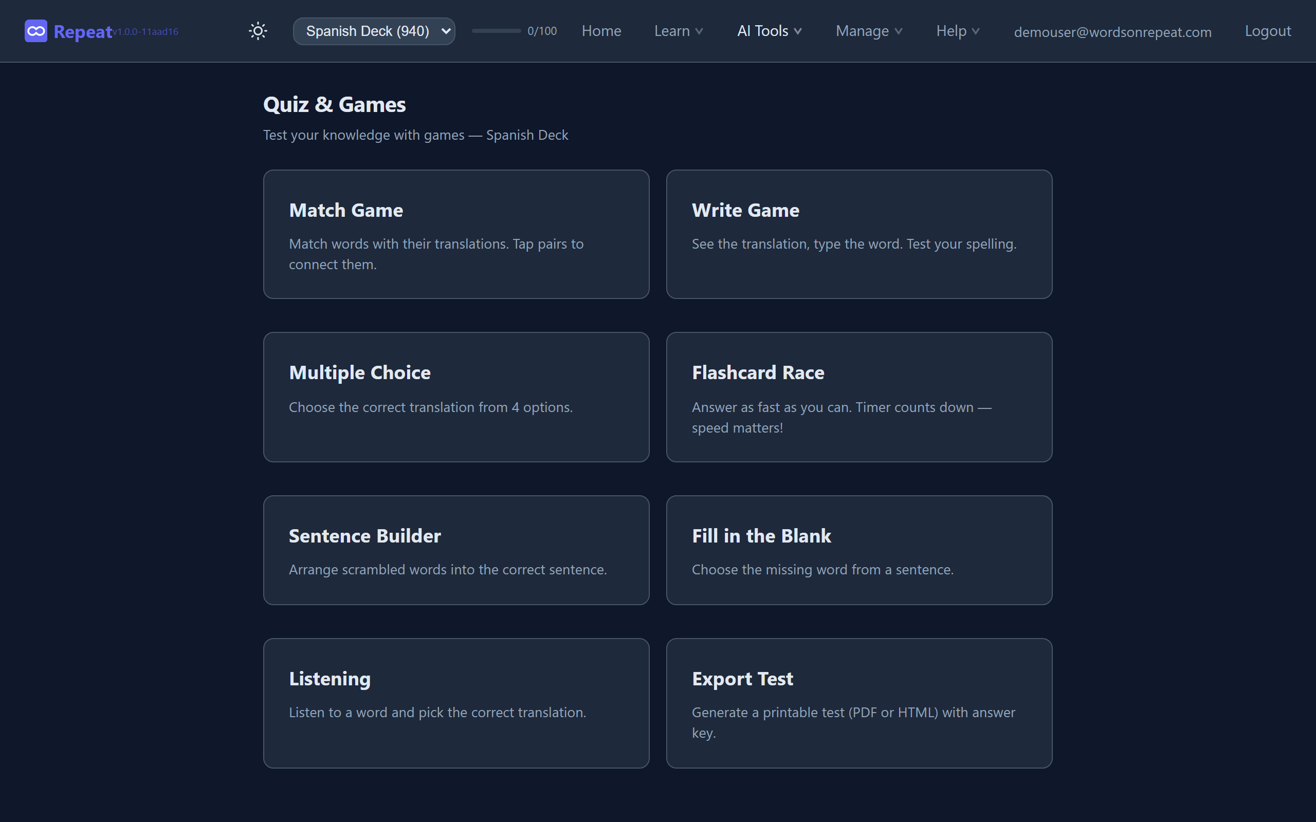 Seven quiz modes - Multiple Choice, Typing, Listening, Matching, True/False, Speed Review, and Flashcards. All free, no paywall.