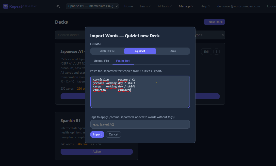 The import flow - paste tab-separated text from Quizlet, preview your cards, and confirm the import. Cards are ready for study immediately.