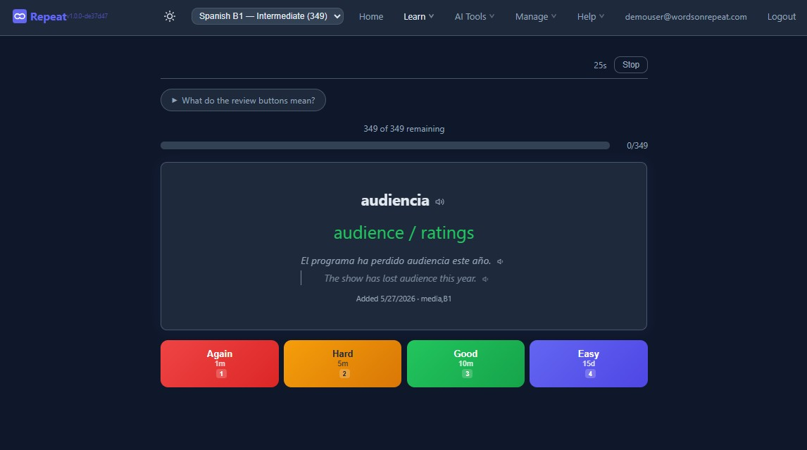 The FSRS study interface - after reviewing a card, you rate it Again, Hard, Good, or Easy. Each button shows when the card will appear next.