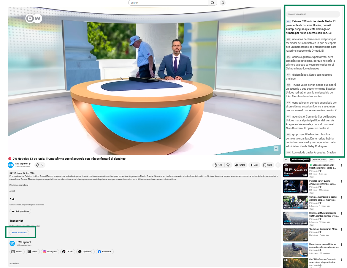 YouTube transcript panel - click "Show transcript" to reveal the subtitles text you can copy